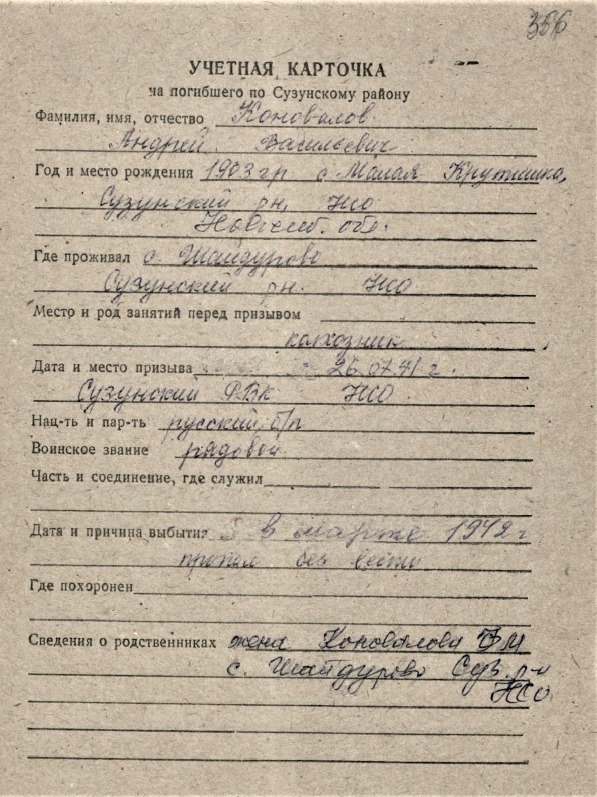 Коновалов А.В., учетная карточка погибшего